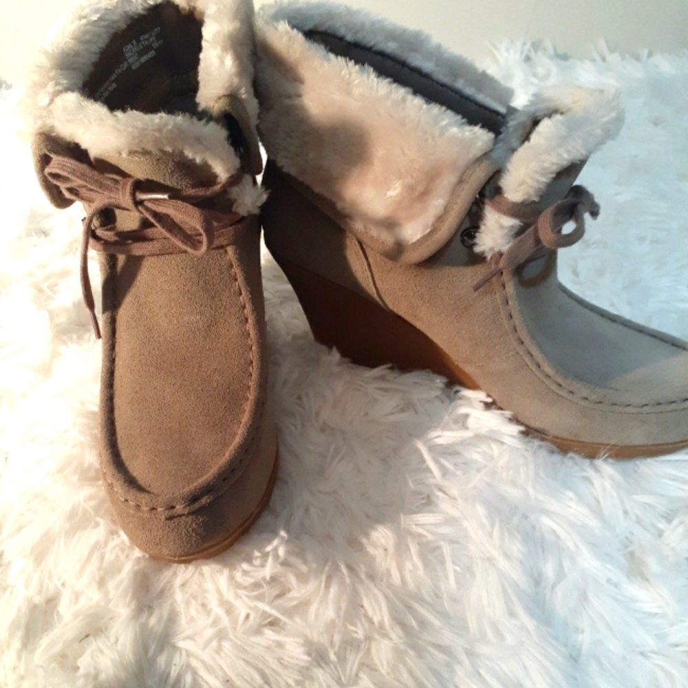 Womens Leather Fur Trim Wedge Ankle Boots Tan Sonoma Size 10 Medium